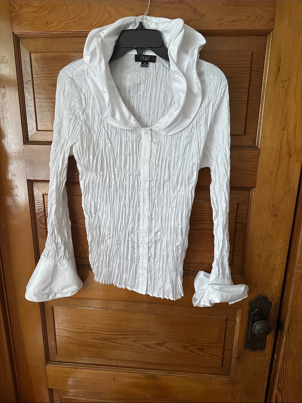 Puli White Crinkled Button-Up Blouse with Statement Collar